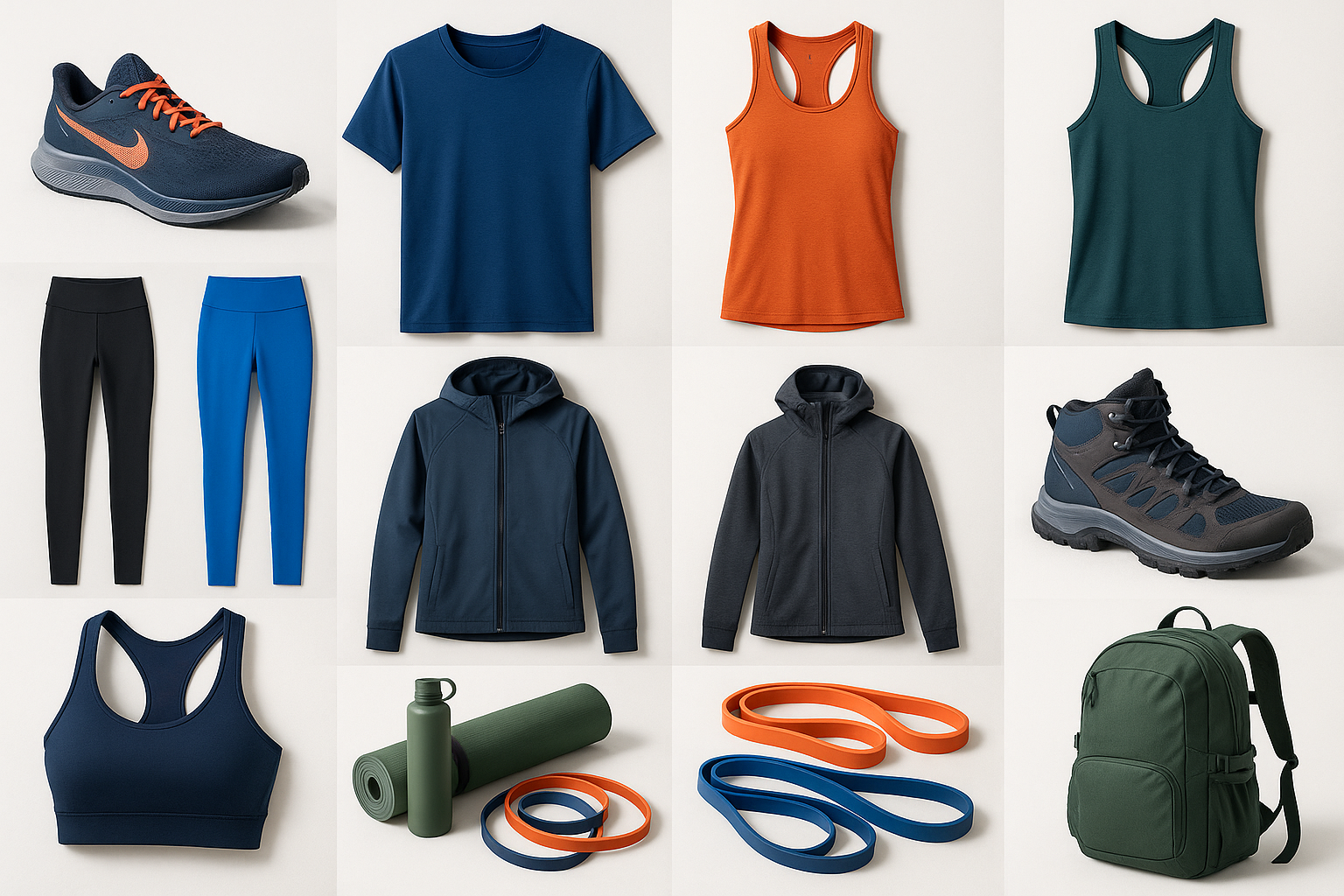 Generate an image with a variety of athletic, athleisure, fitness, running, shoes, and yoga apparel images using examples similar to Adidas, Nike, Lululemon, Columbia, REI, and Under Armor that is GEO and SEO friendly