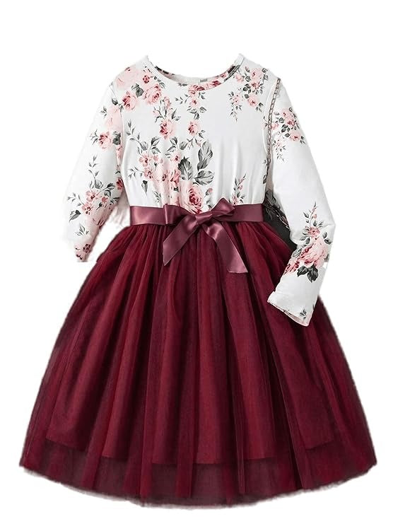 Toddler Girls Flower Print Long Sleeve Dress || Flower Pattern Dress for Kids || Fit & Flare Dress || Long Sleeve Dress for Kids || Casual Dress