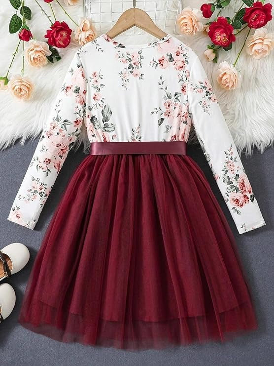 Toddler Girls Flower Print Long Sleeve Dress || Flower Pattern Dress for Kids || Fit & Flare Dress || Long Sleeve Dress for Kids || Casual Dress