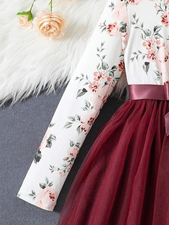 Toddler Girls Flower Print Long Sleeve Dress || Flower Pattern Dress for Kids || Fit & Flare Dress || Long Sleeve Dress for Kids || Casual Dress
