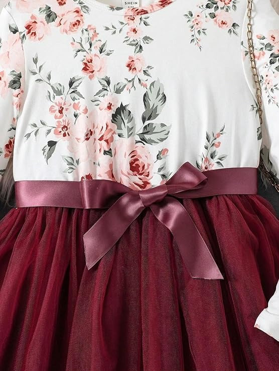 Toddler Girls Flower Print Long Sleeve Dress || Flower Pattern Dress for Kids || Fit & Flare Dress || Long Sleeve Dress for Kids || Casual Dress