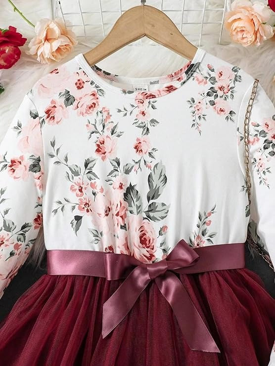 Toddler Girls Flower Print Long Sleeve Dress || Flower Pattern Dress for Kids || Fit & Flare Dress || Long Sleeve Dress for Kids || Casual Dress