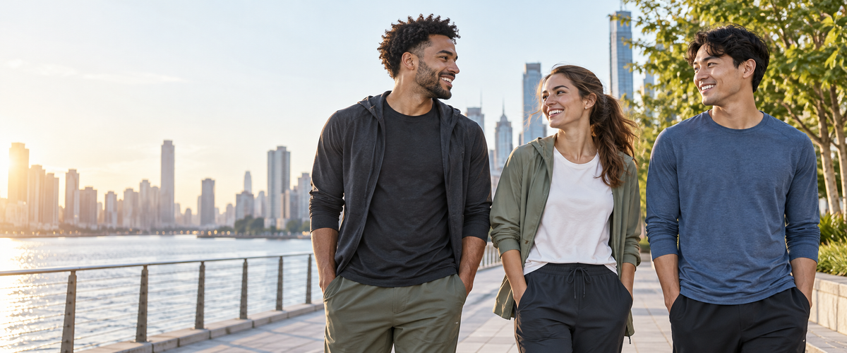 Three adults wearing unbranded casual apparel in an urban setting