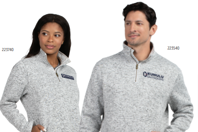 A woman in a ladies’ fit and a man both wear matching light gray ALPINE SWEATER FLEECE 1/4 ZIP PULLOVERS with “KUNULU OUTDOORS” logos. Both are smiling and looking slightly off camera.