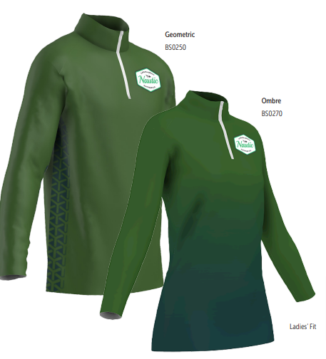 The SUBLIMATED 1/4 ZIP PULLOVER for women comes in two green designs: one with set-in sleeves and a geometric side pattern, the other with a dark green ombre. Both feature a chest logo and are made from polyester performance fabric.