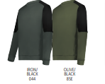 Two MOMENTUM TEAM FLEECE CREW shirts shown from the back; one in iron/black (044), the other olive/black (85E). Both crafted in performance wicking fleece with long sleeves and contrasting shoulder panels.