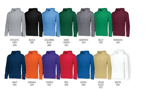 A row of WICKING FLEECE HOODIES in 12 colors—grey, black, blue, green, maroon, navy, orange, purple, red, royal blue, vegas gold, and white—each with a self-lined hood and front pouch pocket labeled by name and color code.