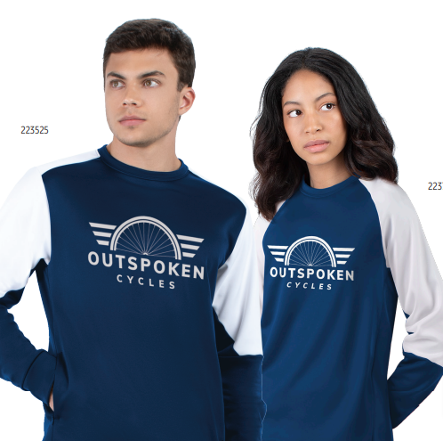 Two people wear navy and white MOMENTUM TEAM FLEECE CREW shirts with the Outspoken Cycles winged wheel logo. Their performance wicking fleece tops offer all-day comfort, set against a plain white background.