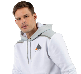 A man poses against a white background wearing the LEGEND TECH FLEECE HOODIE, a white hoodie with a gray hood and drawstrings, featuring a small triangle logo and 