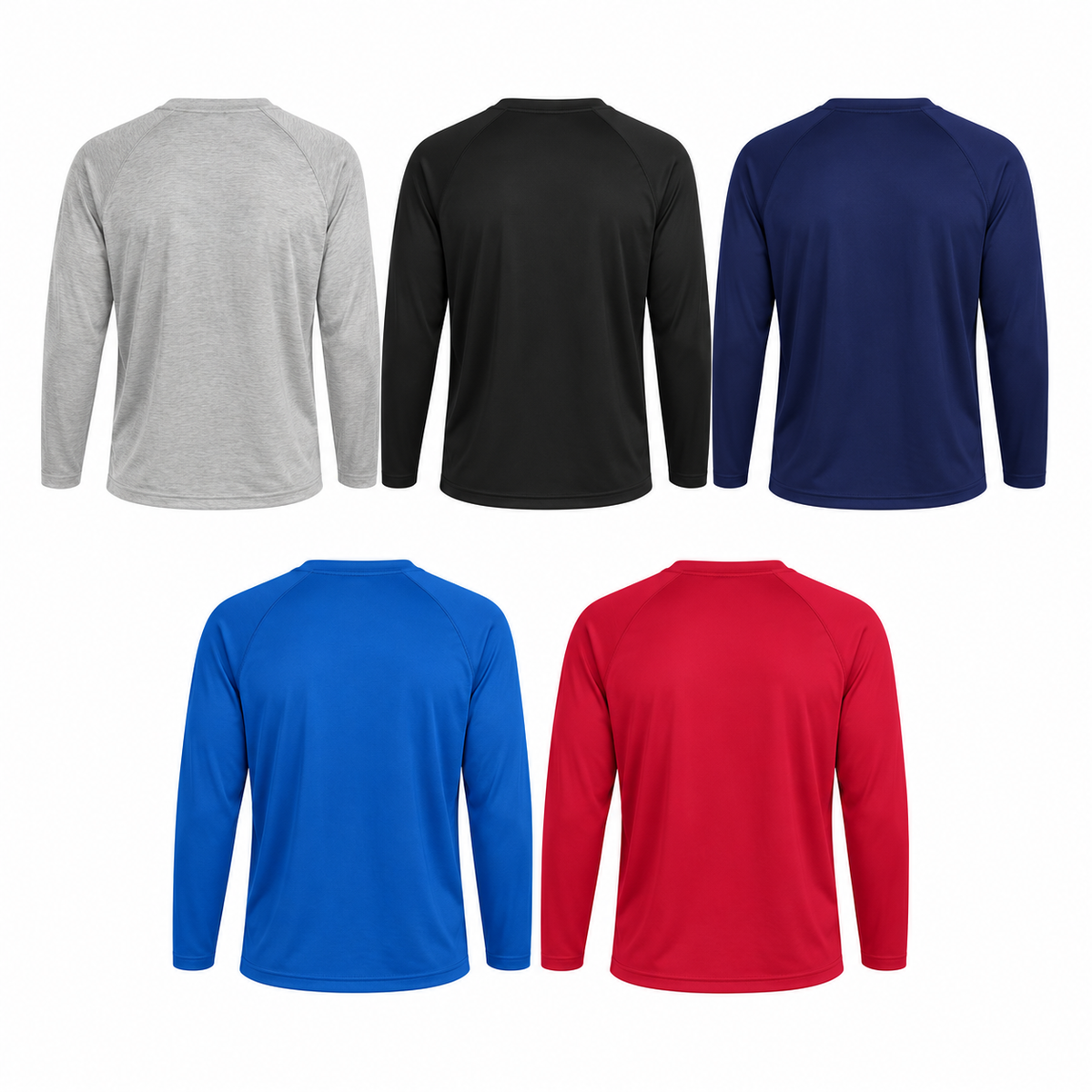Clean back-view lineup of the All-Pro long-sleeve tee in five colors