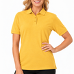 Model wearing golden yellow Blue Generation women's easy-care polo