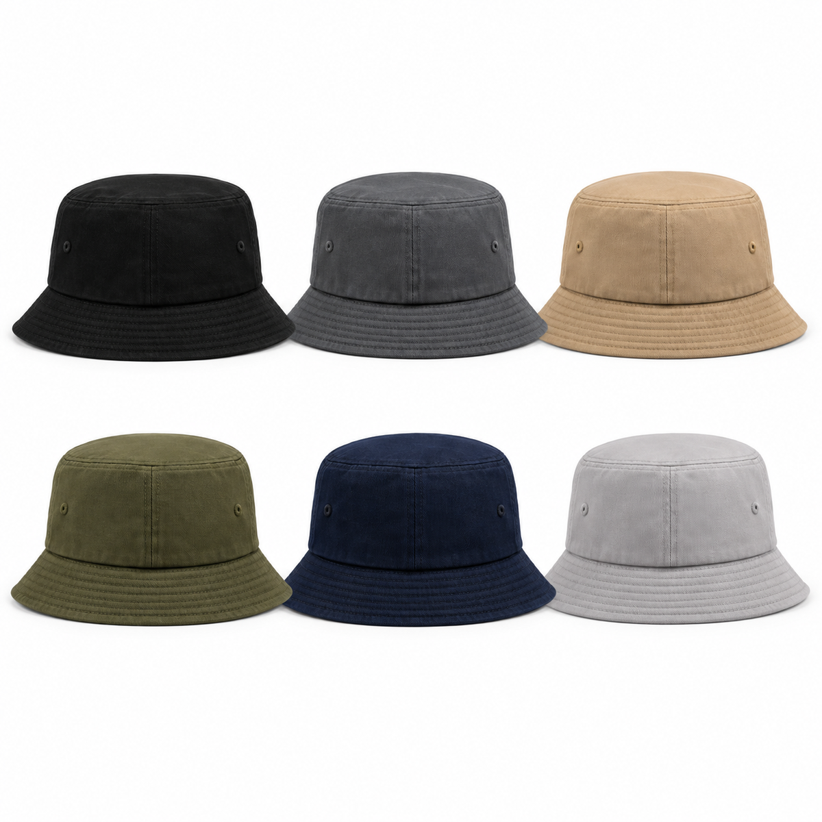 Six bucket hats in black, graphite, khaki, moss green, navy and silver