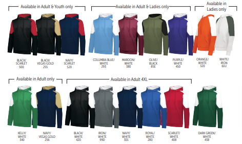 The MOMENTUM TEAM HOODIE, a performance wicking fleece in multiple color combinations, is displayed in two rows with labels showing which sizes—adult, youth, ladies', and 4XL—feature color secure technology.