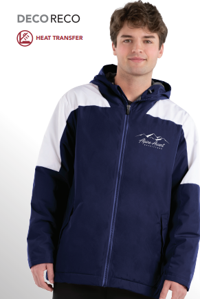 A young man stands against a white background wearing the COLD SECURE JACKET, a navy blue and white waterproof jacket featuring a mountain logo on the chest. 