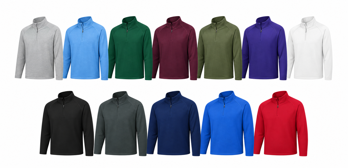 Coolcore performance quarter-zip pullovers shown in adult and youth colorways