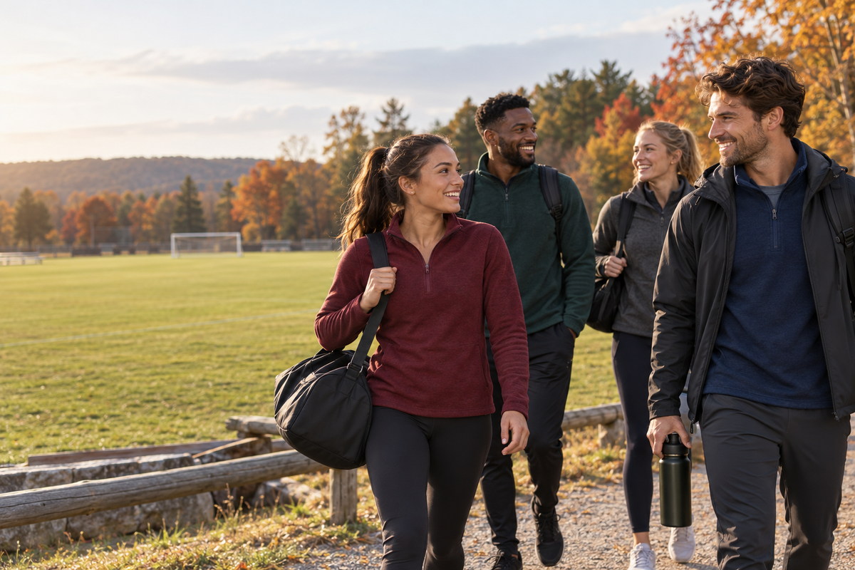 Adult teammates wearing seasonal athletic layers at an autumn training field