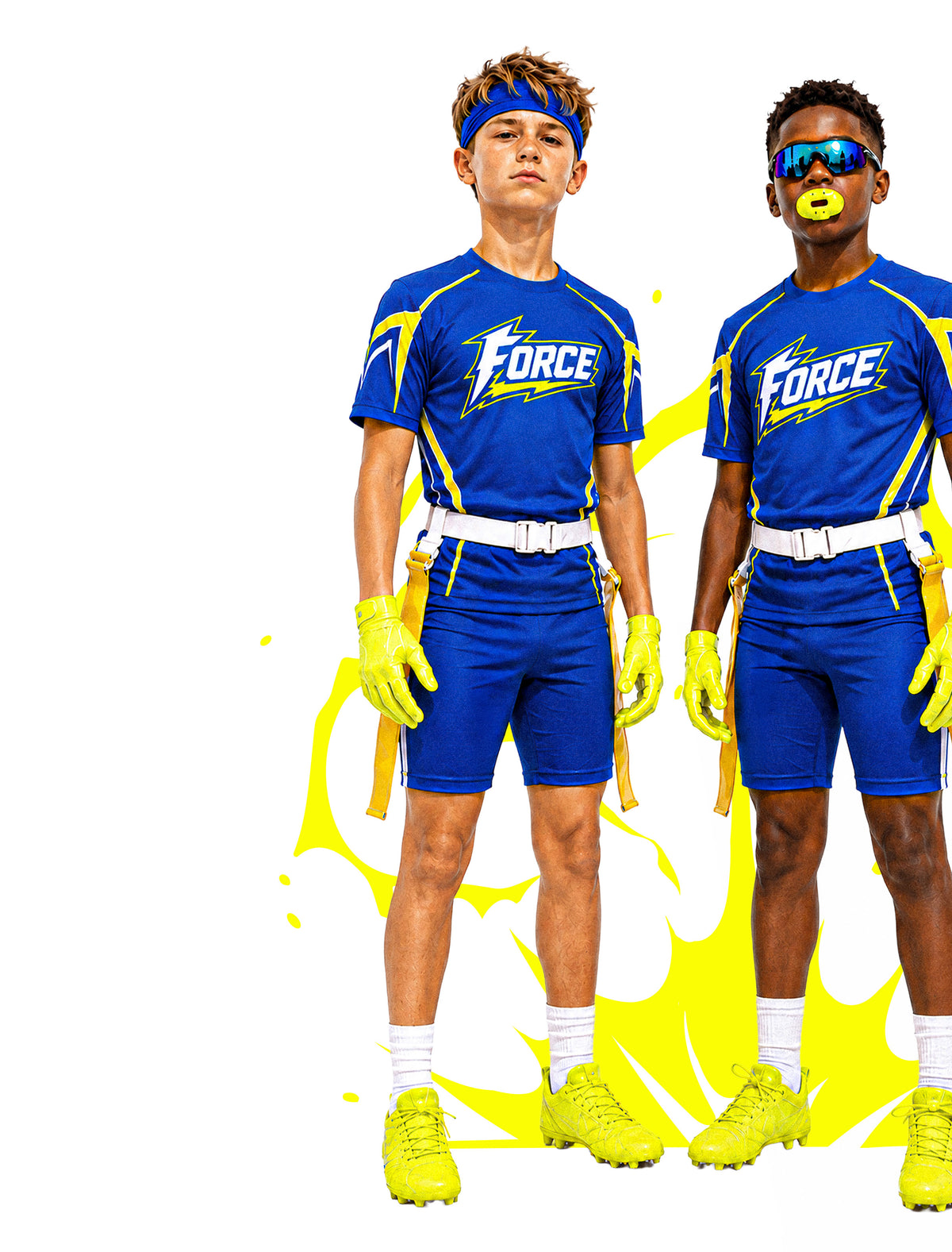 Flag football players wearing the blue and yellow Force sublimated training tee
