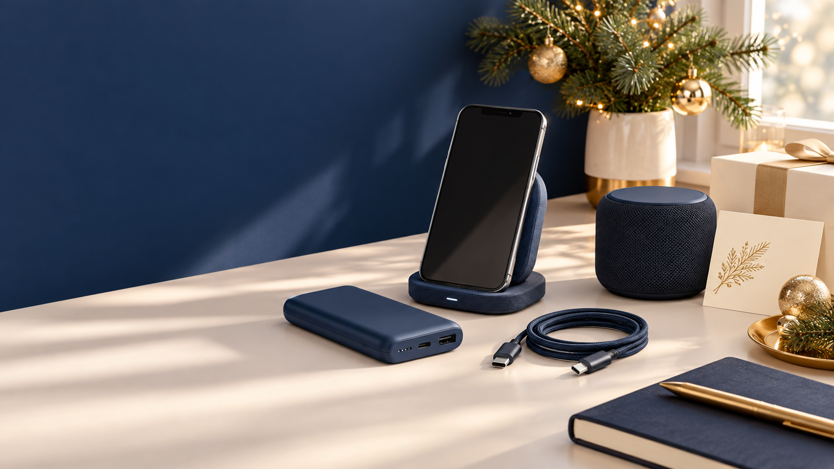 Holiday tech gifts arranged on a premium workspace