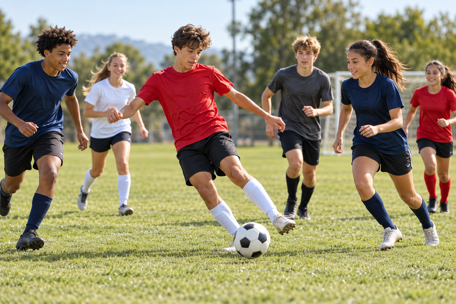 Kids and teens playing soccer together in generic sportswear