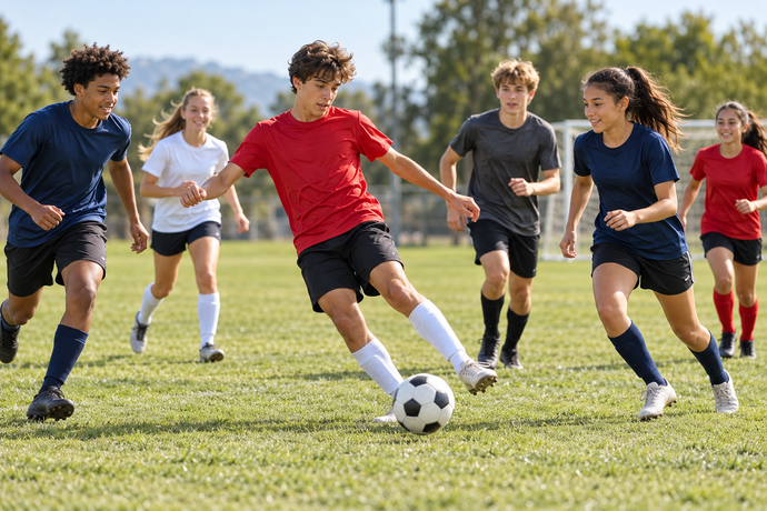 Kids and teens playing soccer together in generic sportswear