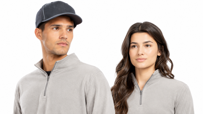 Two models wearing light gray Micro-Lite quarter-zip fleece pullovers