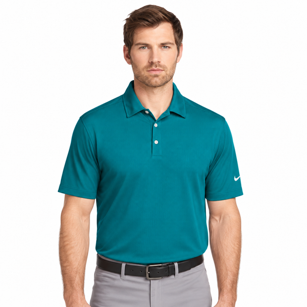 Front model view, teal Nike Dri-FIT vertical mesh polo