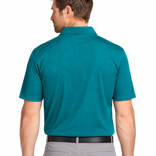 Back model view, teal Nike Dri-FIT vertical mesh polo