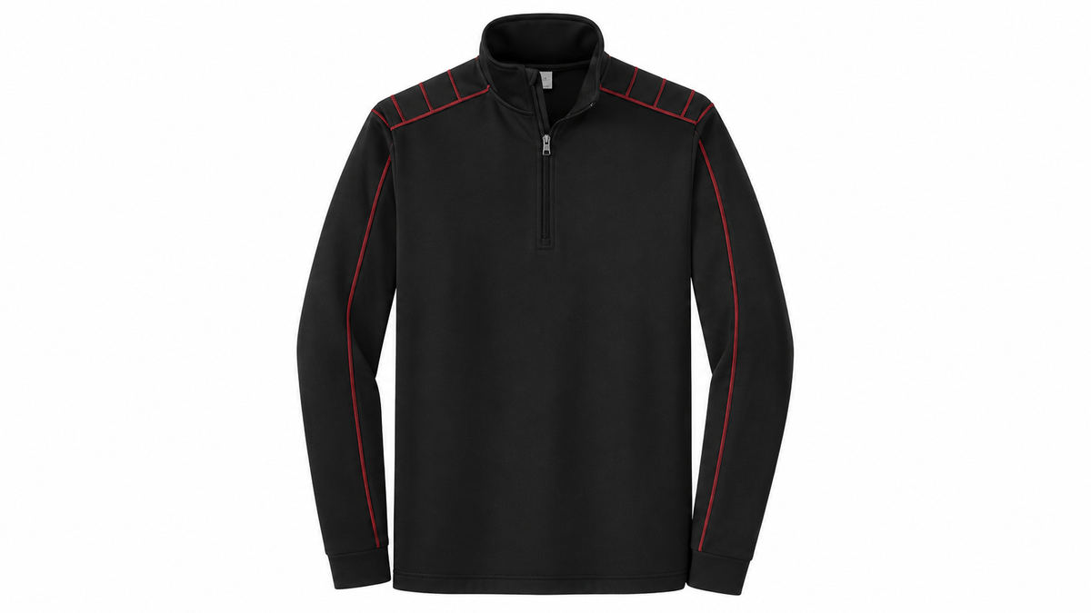 Nike Golf half-zip cover-up, front view with red contrast stitching
