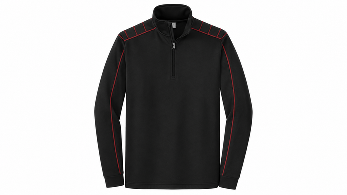 Nike Golf half-zip cover-up, front view with red contrast stitching