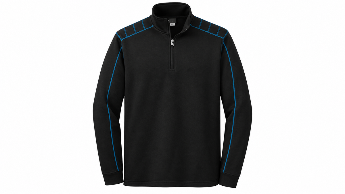 Nike Golf half-zip cover-up, front view with blue contrast stitching