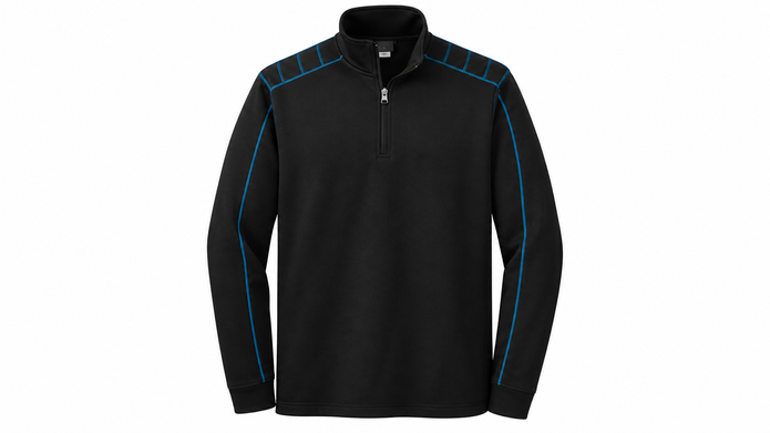 Nike Golf half-zip cover-up, front view with blue contrast stitching