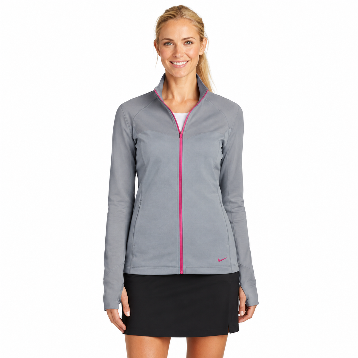 Front model view of gray Nike Therma-FIT jacket