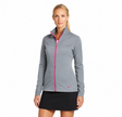 Front view of a model wearing the gray Nike Therma-FIT jacket with pink zipper