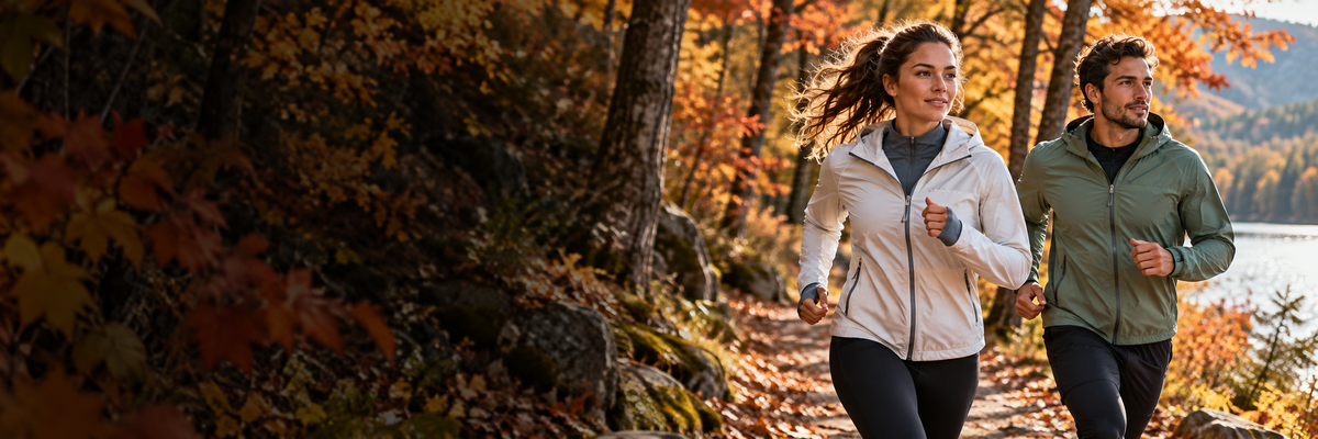 Athletes wearing performance outerwear on an autumn trail, composed for a wide homepage banner