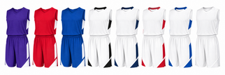Step-Back basketball uniform colorways, showing coordinated tops and shorts