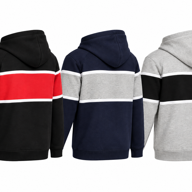 Rear views of three color-block United Athletic fleece hoodies