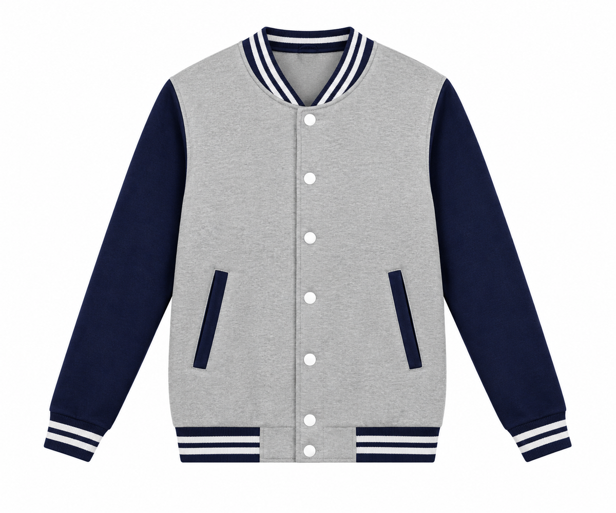 Gray and navy varsity jacket
