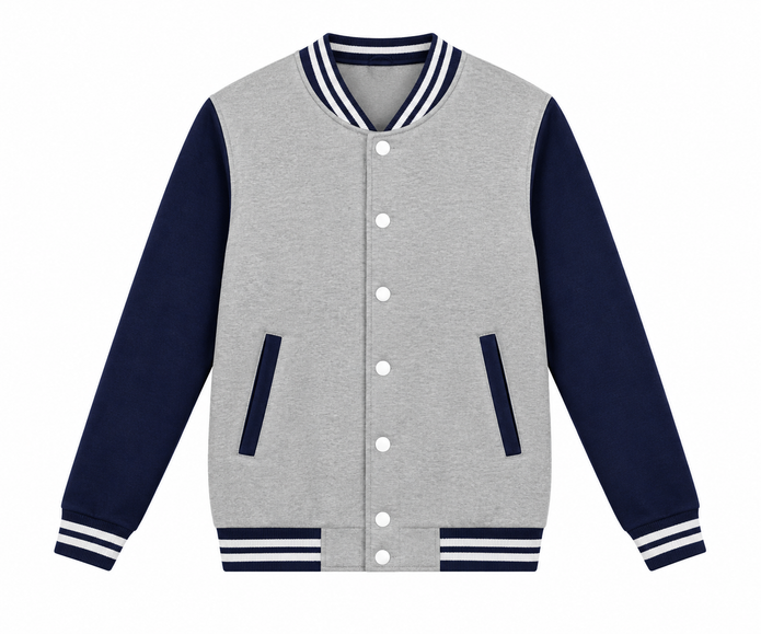 Gray and navy varsity jacket