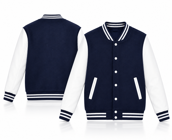 Navy and white varsity jacket, front and back