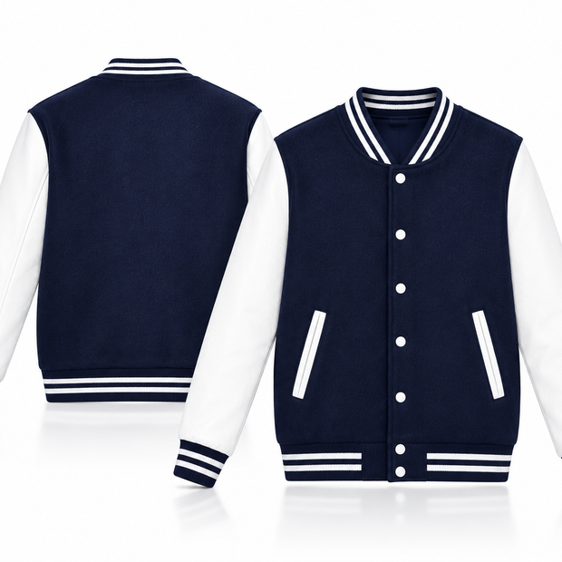 Navy and white varsity jacket, front and back
