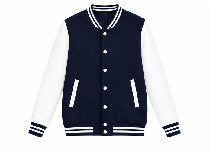 Navy and white varsity jacket