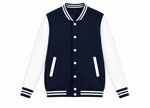 Navy and white varsity jacket