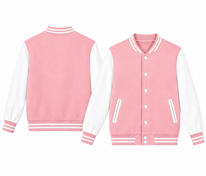 Pale pink and white varsity jacket, front and back