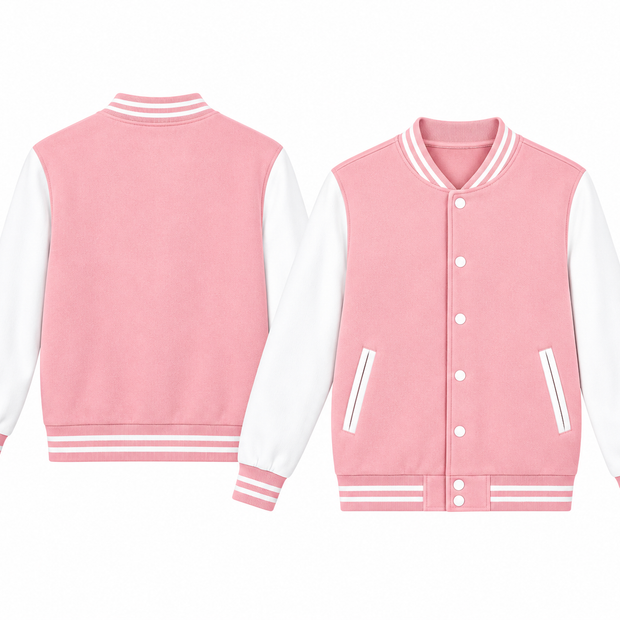 Pale pink and white varsity jacket, front and back