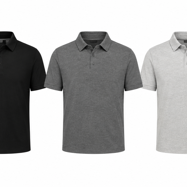Ventura polo shirts in Birch, Black, Charcoal Heather, Grey Heather, and Navy