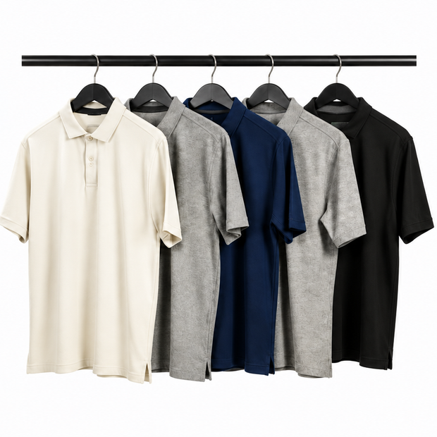 Ventura polo shirts hanging in five colors