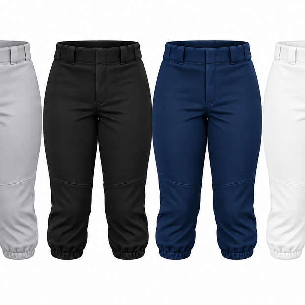 Women's On Deck Softball Knicker color lineup in gray, black, navy, and white
