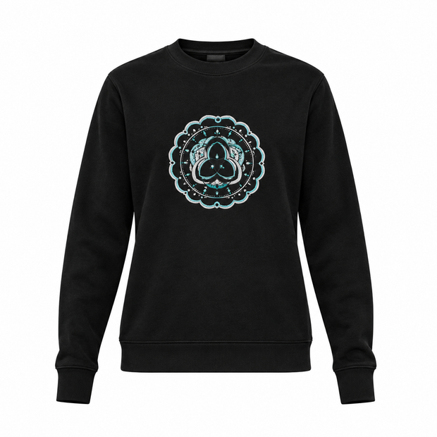Black Women's Performance-Fit Flex Crew with turquoise circular chest emblem