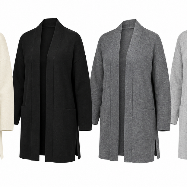 Women's Ventura Cardigan in ivory, black, dark heather gray, and light heather gray